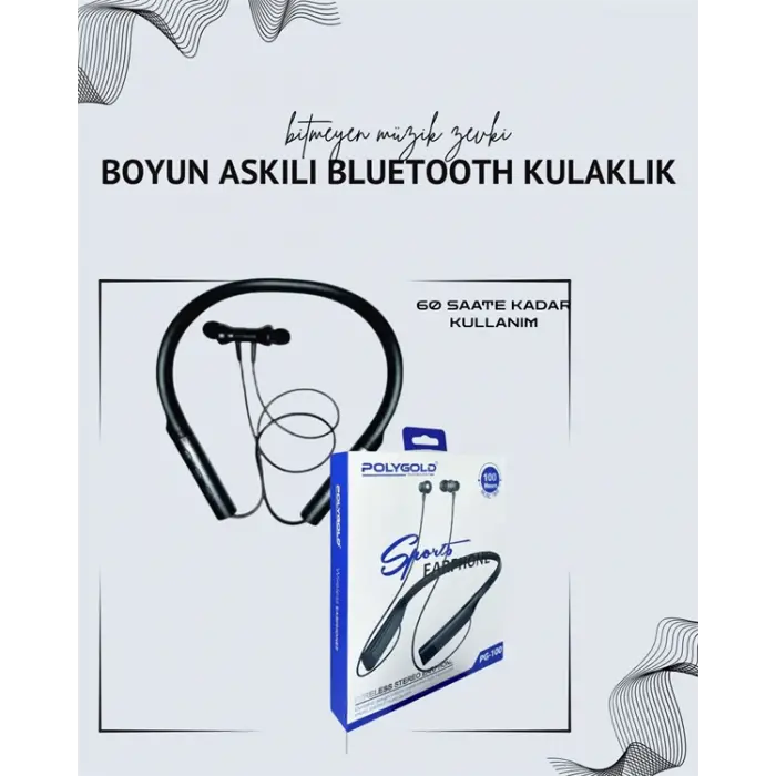 Polygold PG-100 Boyun Askılı Kablosuz Kulaklık – 200 Saat Bekleme Süresi, Stereo Ses, Mikrofonlu