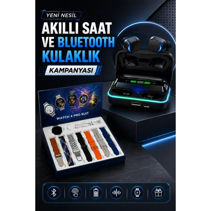 Powerbank Bluetooth Kulaklık Ve Akıllı Saat 7 Kordonlu Metal Kordon Plastik Kordon