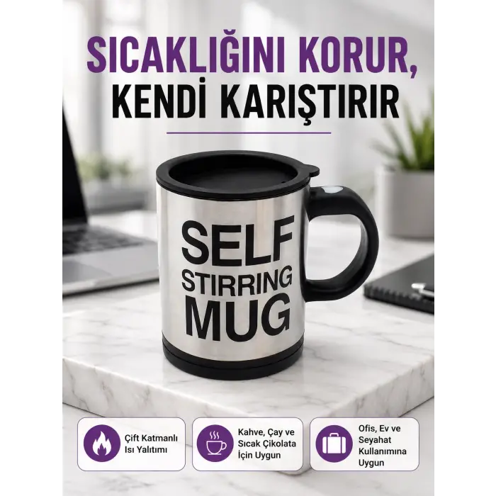 Pratik ve Dayanıklı Termos Kupa | Tek Tuşla Otomatik Karıştırma