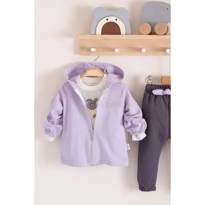 Prences Nakışlı Kapişonlu 3lü % 100 Pamuk Kız Bebek Takımı