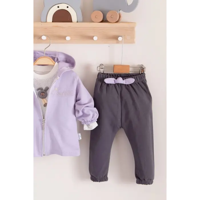 Prences Nakışlı Kapişonlu 3lü % 100 Pamuk Kız Bebek Takımı