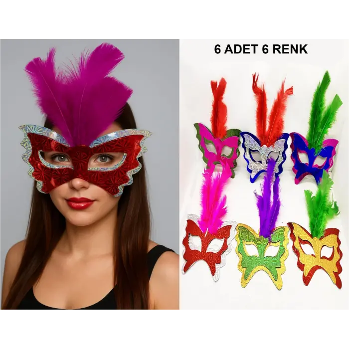 Renkli Parti Maskesi 6'lı | Tüylü Karton Maske Seti (lastikli) Bx40