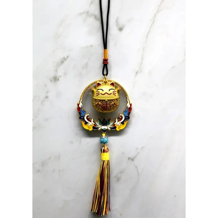 Renkli Püsküllü Şans Kedisi Feng Shui Askılık