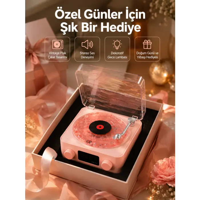 Retro Bluetooth Hoparlör – Yumuşak Gece Lambası ve Saat Göstergeli Yeni Nesil