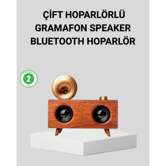 Retro Gramafon Bluetooth Hoparlör Çift Stereo Sesli FM Radyo Destekli