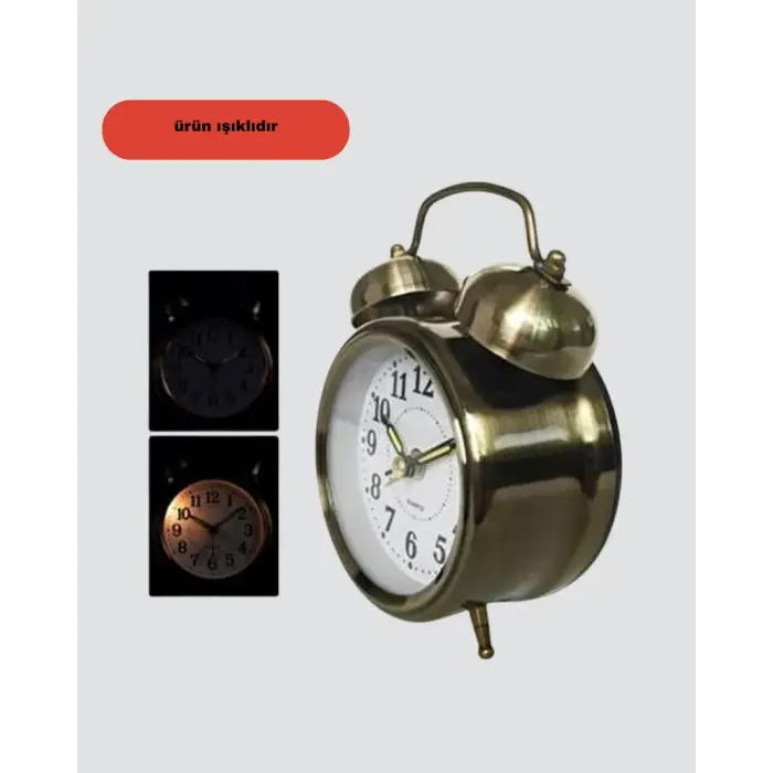 Retro Tarz Bronz Dekoratif Masa Saati Metal Gövde Yüksek Sesli Alarm