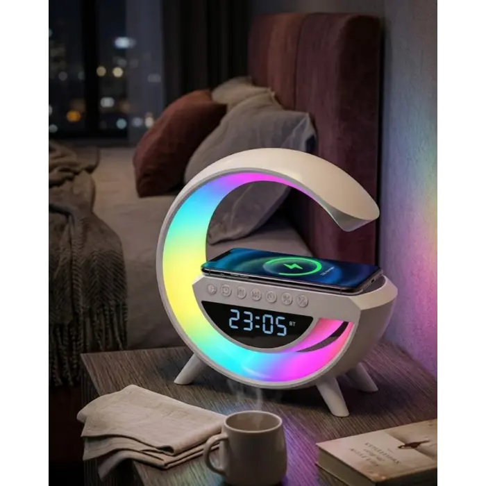 RGB Işıklı Kablosuz Şarjlı Bluetooth Hoparlör Saat ve Alarm Özellikli