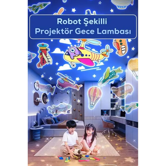 Robot şekilli siyah plastik şarjlı müzikli projektör gece lambası 16 x 14 cm - 16 x 14 Boyut/Ebat