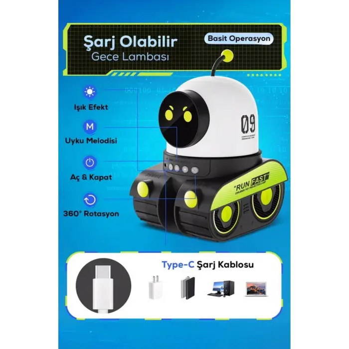 Robot şekilli siyah plastik şarjlı müzikli projektör gece lambası 16 x 14 cm - 16 x 14 Boyut/Ebat