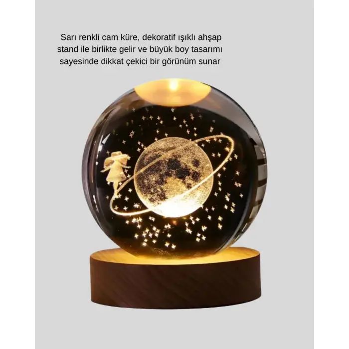 Sarı Işıklı Dekoratif Cam Küre Kız Figürlü Ahşap Standlı
