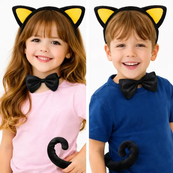Sarı Kulaklı Kedi Kostüm Seti – Taç Papyon Kuyruk 3 Parça Bx40