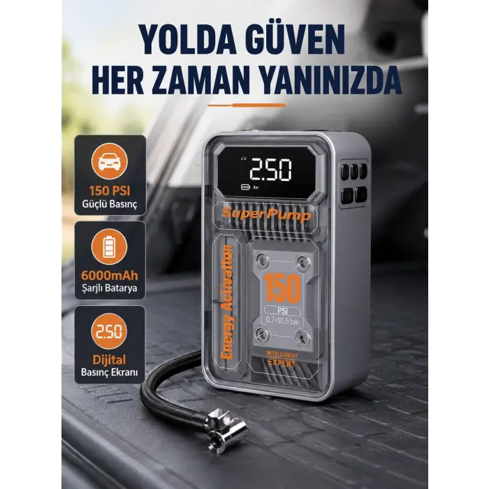 Şarjlı Kablosuz Hava Pompası – 150 PSI Basınç, LED Ekran ve 6000mAh Batarya