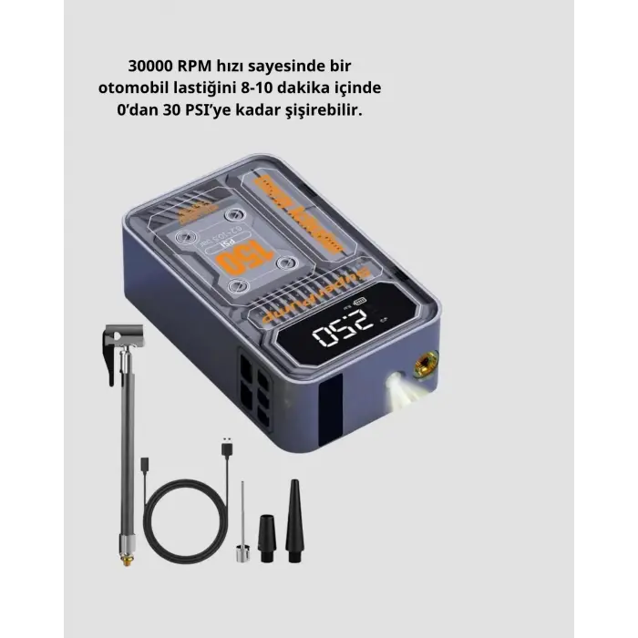 Şarjlı Kablosuz Hava Pompası – 150 PSI Basınç, LED Ekran ve 6000mAh Batarya
