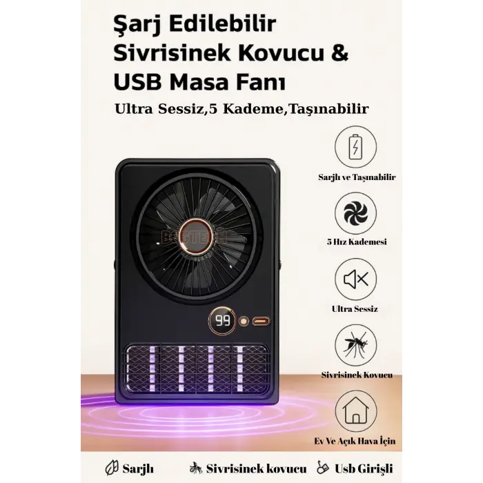 Şarjlı ve Taşınabilir Masaüstü Vantilatör, 5 Kademeli Hız ve Sinek Kovucu Özelliğe Sahiptir