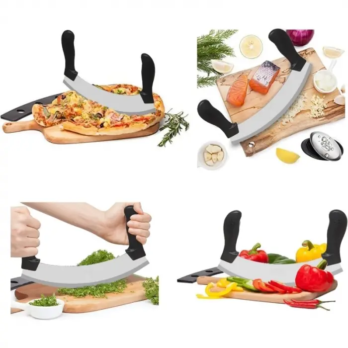 Satır Kıyma Bıçağı - Yarım Ay Modeli - Sebze Doğrama Satırı - Pizza Dilimleme Bıçağı - Paslanmaz Çelik