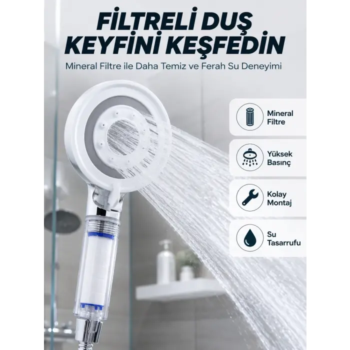 Şeffaf Filtre Hazneli Duş Başlığı Güçlü Akışlı Pratik Banyo Duşu