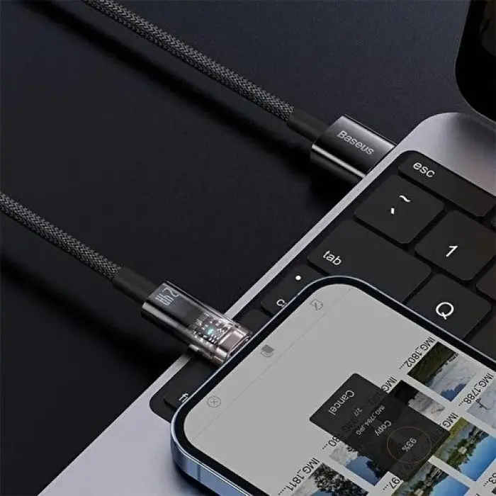 Şeffaf Uçlu iPhone 45w Usb Hızlı ve Dayanıklı Şarj ve Data Işıklı Örgü Kablo 1 Metre