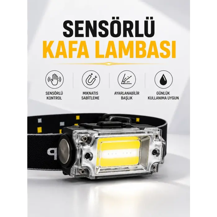 Sensör Kontrollü Şarjlı Beyaz LED Kafa Lambası ve El Feneri