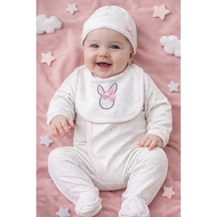 Sevimli Tşan Desenli Kız Bebek 4’lü Tulum Seti