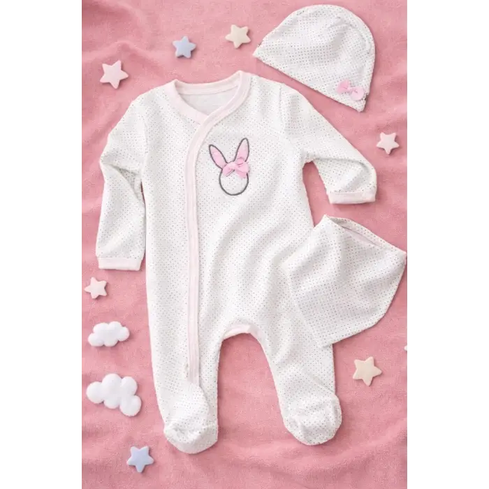 Sevimli Tşan Desenli Kız Bebek 4’lü Tulum Seti