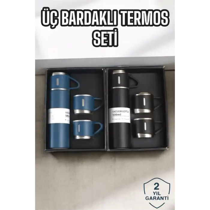 Şık ve Dayanıklı 3 Bardaklı Termos Seti Uzun Süre Isı Koruma Özellikli