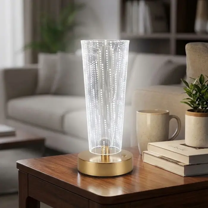 Silindirik Kristal Nokta Model Led Masa Lambası – Gold Tabanlı, Dokunmatik, 3 Renk Işık Modlu, Şarjlı Modern Dekoratif Gece Lambası Bx40