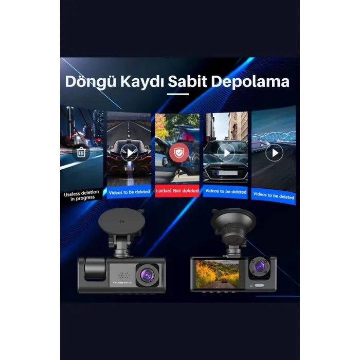Siyah 1080p Araç içi 3 Kameralı Lcd Ekranlı Gece Görüşlü , G-sensör , Geri Görüş Kamera