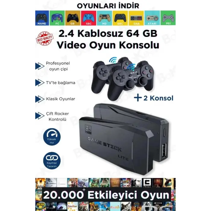 Siyah 2.4g kablosuz çift kollu retro oyun konsolu oyunlu game stick bluetooth yok