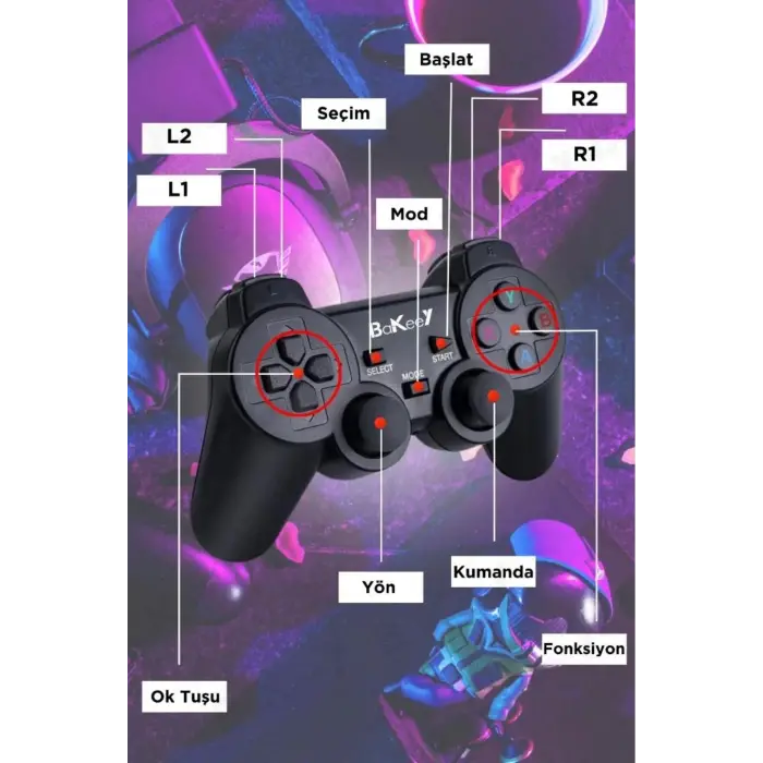 Siyah 2.4g kablosuz çift kollu retro oyun konsolu oyunlu game stick bluetooth yok