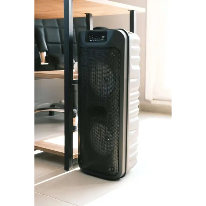 Siyah Büyük Çift Hoparlörlü Bluetooth Ses Sistemi, Işıklı ve Mikrofonlu, Suya Dayanıklı