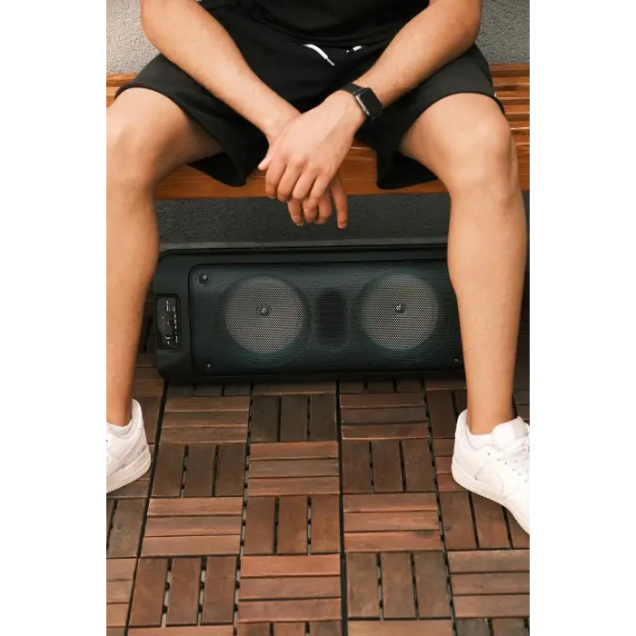 Siyah Büyük Çift Hoparlörlü Bluetooth Ses Sistemi, Işıklı ve Mikrofonlu, Suya Dayanıklı