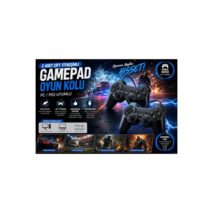Siyah kablolu çift motorlu titreşimli joystick PC uyumlu USB bağlantılı 1 yıl garantili