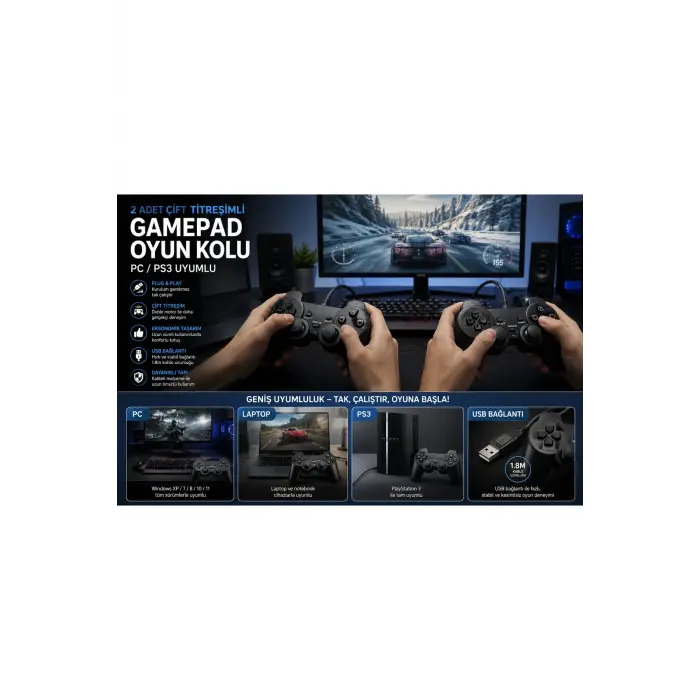 Siyah kablolu çift motorlu titreşimli joystick PC uyumlu USB bağlantılı 1 yıl garantili