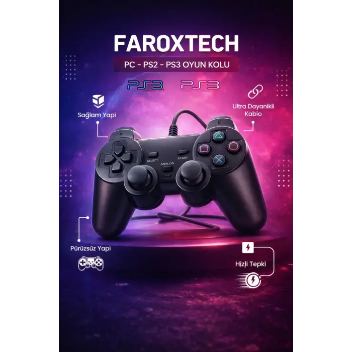 Siyah kablolu titreşimli analog joystick PC uyumlu Bluetoothsuz garantisiz - Elektronik