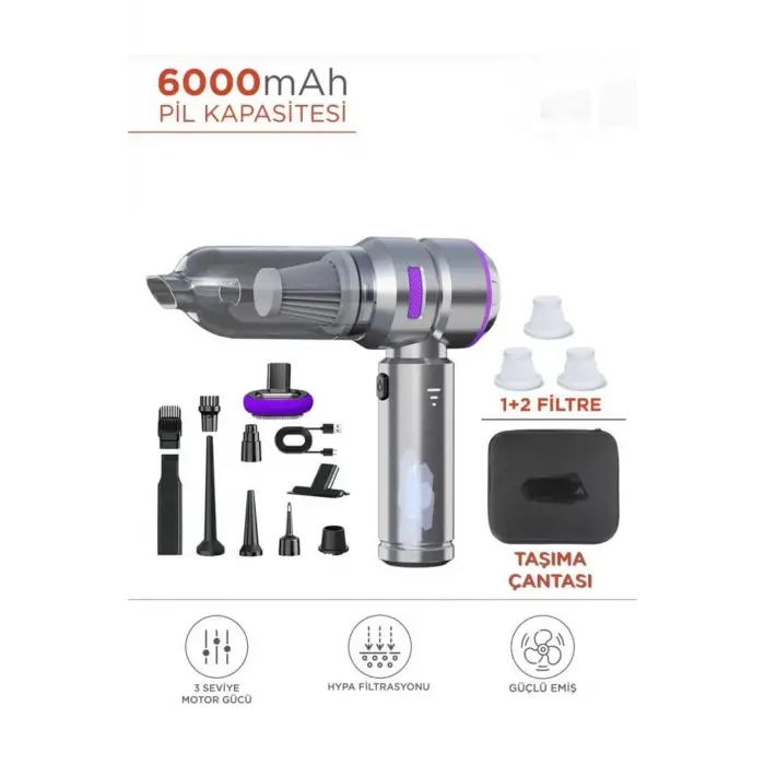 Siyah kablosuz araç içi süpürge 0-250 watt 81-90 dBA 2 yıl garantili şarjlı model