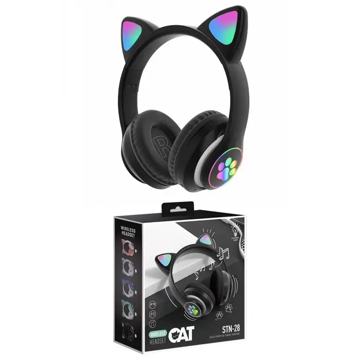 Siyah Kedi Kulağı Tasarımlı Bluetooth Kulaklık - Çocuklar İçin Eğlenceli ve Dayanıklı