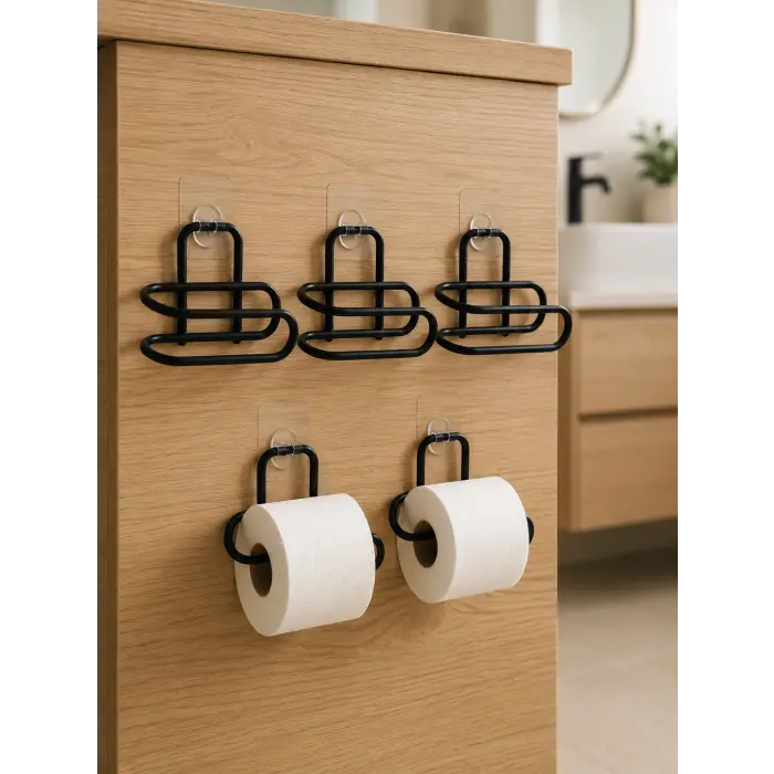Siyah Metal Tuvalet Kağıdı Tutucu 5’li Set Yapışkanlı Duvar Tipi Banyo WC Askısı