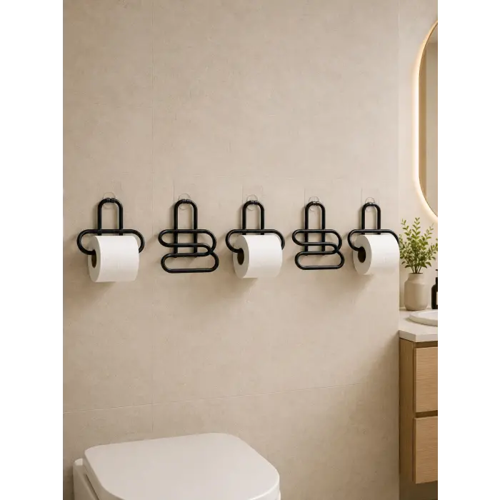 Siyah Metal WC Kağıtlık Yapışkanlı Tuvalet Kağıdı Rulo Tutucu 5 Adet Avantajlı Set