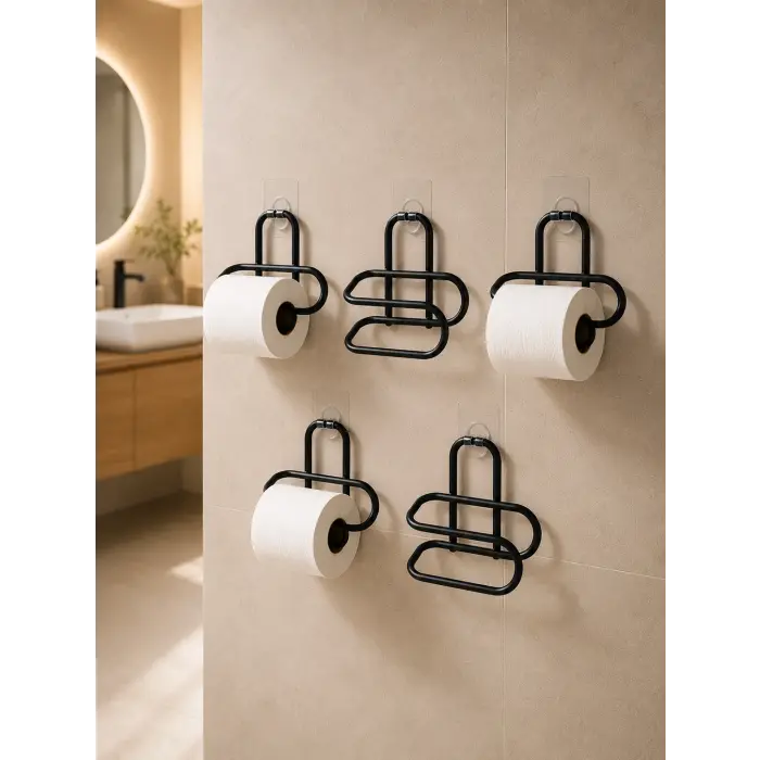 Siyah Metal WC Kağıtlık Yapışkanlı Tuvalet Kağıdı Rulo Tutucu 5 Adet Avantajlı Set