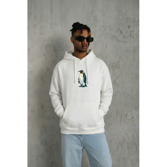 Erkek Survivor Penguin Baskılı 3 İplik Pamuklu Kapüşonlu Sweatshirt Hoodie Beyaz