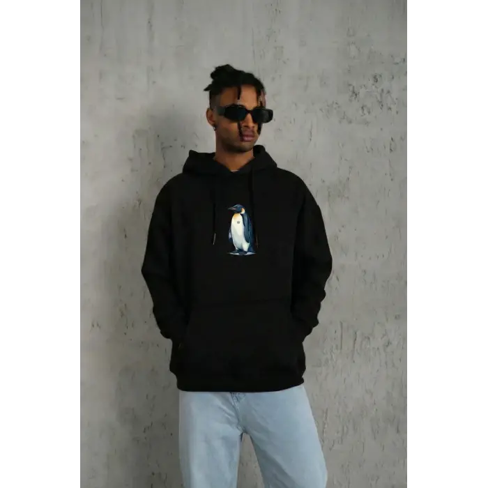 Erkek Survivor Penguin Baskılı 3 İplik Pamuklu Kapüşonlu Sweatshirt Hoodie Siyah