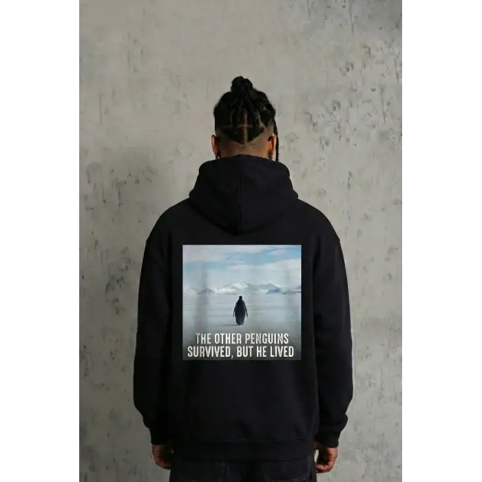Erkek Survivor Penguin Baskılı 3 İplik Pamuklu Kapüşonlu Sweatshirt Hoodie Siyah