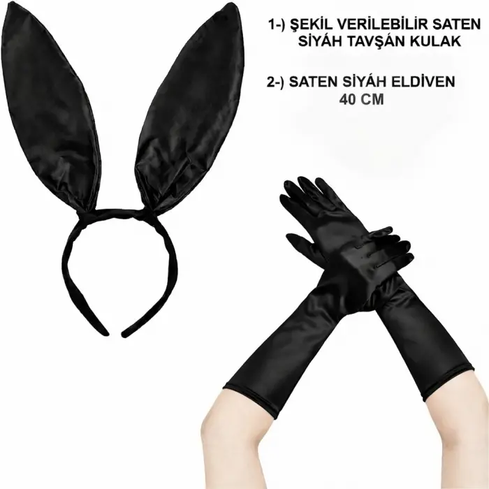 Siyah Parlak Tavşan Kulak Ve 40 Cm Parlak Siyah Eldiven Kostüm Seti Bx40