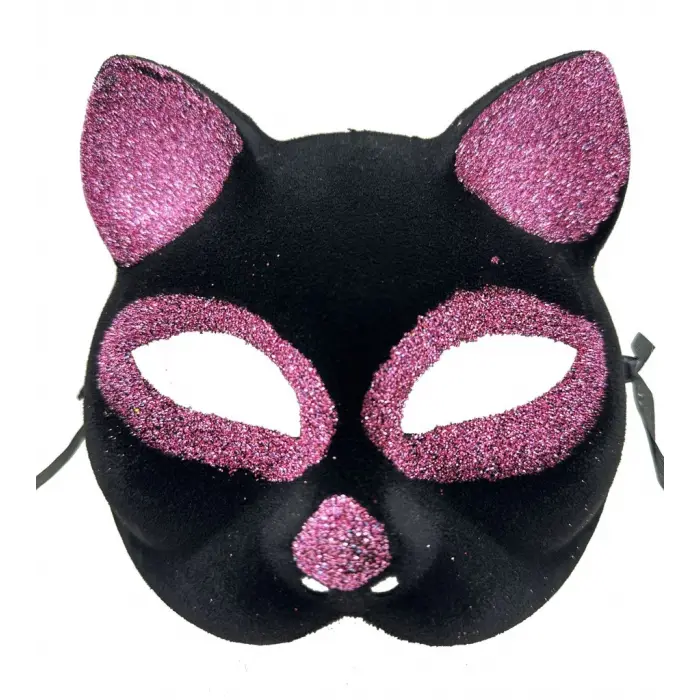 Siyah Renk Pembe Simli Süet Kedi Maskesi 18x14 cm