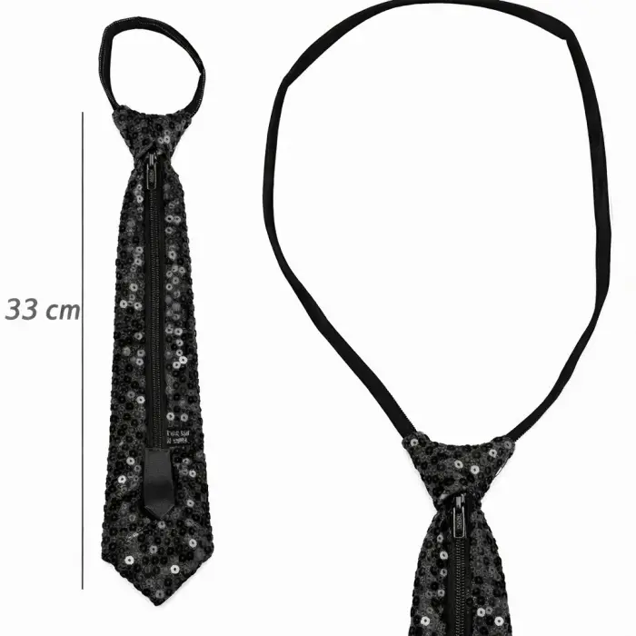 Siyah Renk Pul Payetli Işıltılı Parti Kravatı 33 Cm Bx40