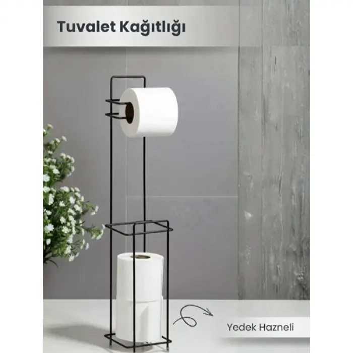 Siyah Standlı Yedek Hazneli Tuvalet Kağıtlığı