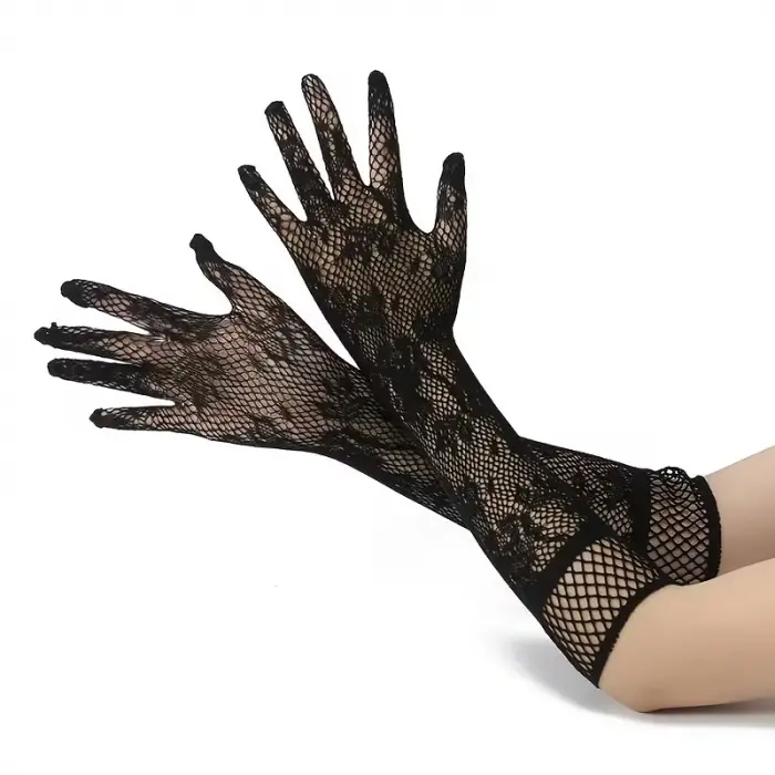 Siyah Uzun Gül Desenli Dantel Kadın Eldiveni Bx40