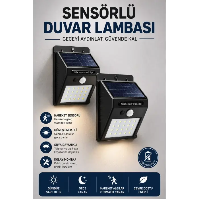 Solar Sensörlü Duvar Lambası Bahçe Lamba 20 Led Işık