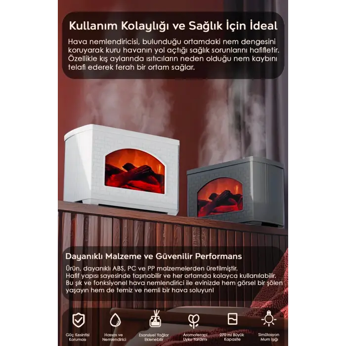Şömine Tasarımlı Işıklı Hava Nemlendirici - 270 ml Kapasiteli Aromaterapi Difüzörü