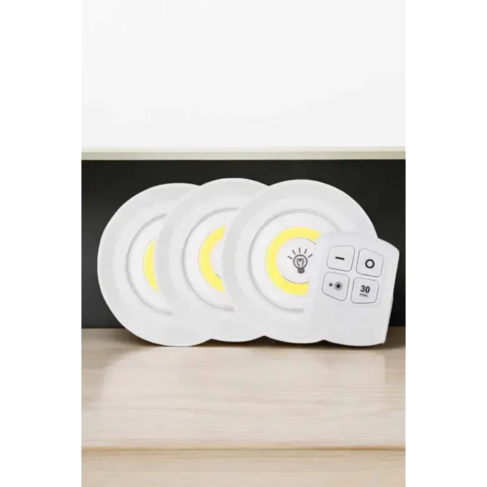 Spot Lamba Led Işık 3lü Uzaktan Kumandalı Pilli Yapışkanlı Kablosuz